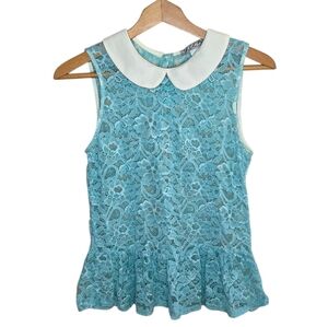 Chloe K | Turquoise Lace Tank Blouse Ivory Peter Pan Collar Peplum Hem